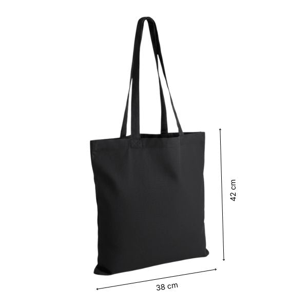 Shopper in cotone premium nera con stampa personalizzata, 38 × 42 cm, con indicazioni di altezza e larghezza