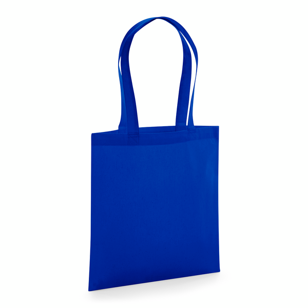Kungsblå GOTS-certifierad ekologisk premium tygkasse med långa handtag och eget logotyptryck, 200 g/m², 38 × 42 cm