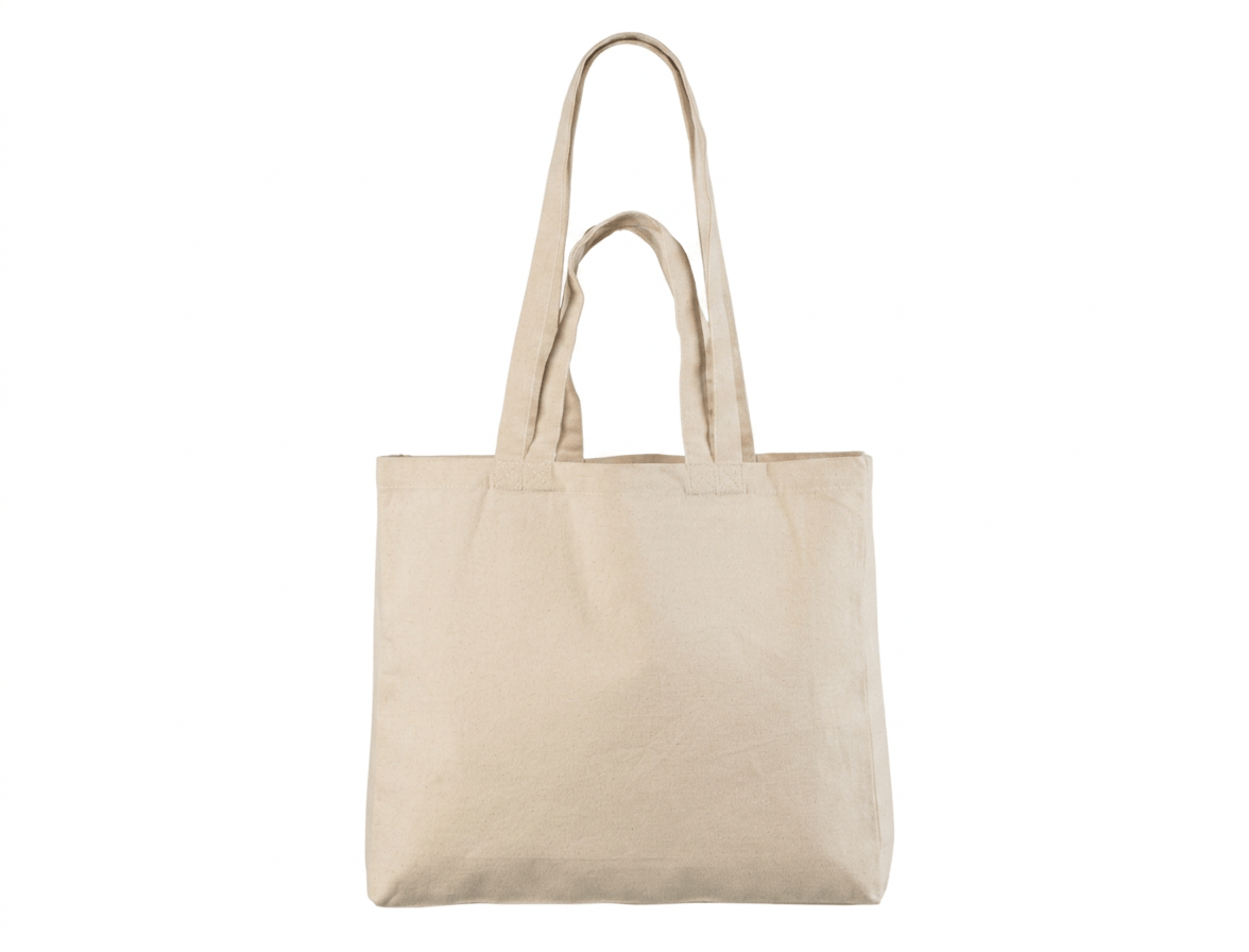 Natural horizontal heavyweight cotton tote bag with double handles and logo print, 340 g/m², 38 × 42 cm, side and bottom gussets