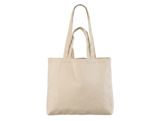 Naturfärgad liggande kraftig tygkasse i bomull med dubbla handtag och logotyptryck, 340 g/m², 38 × 42 cm, sid- och bottenveck