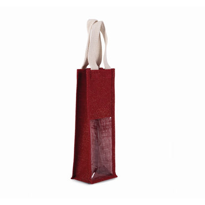 Bolsa Portabotellas de Yute Rojo Cereza/Oro con Estampado Personalizado (330 g/m², 12×10×36 cm)