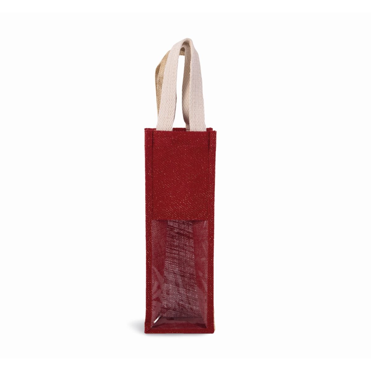 Bolsa Portabotellas de Yute Rojo Cereza/Oro con Estampado Personalizado (330 g/m², 12×10×36 cm)