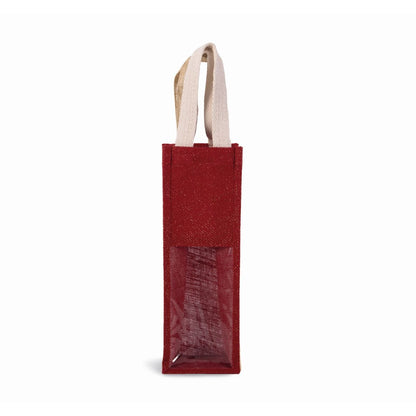 Bolsa Portabotellas de Yute Rojo Cereza/Oro con Estampado Personalizado (330 g/m², 12×10×36 cm)