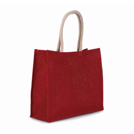Cherry Red - Gold jute beach bag with custom print, 42 × 35 cm, 330 g/m², cotton handles