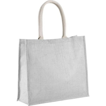 Cool Grey jute beach bag with custom print, 42 × 35 cm, 330 g/m², cotton handles