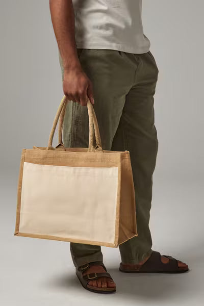 Natural Cotton Pocket Jute Shopper, 42 x 33 x 19 cm, laminated jute body with cotton front pocket for custom logo print, additional product view
