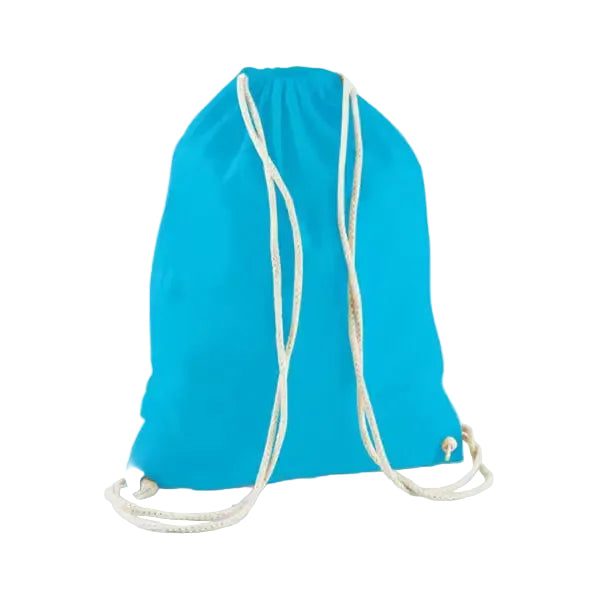 Light surf blue cotton drawstring gymsac with custom logo print