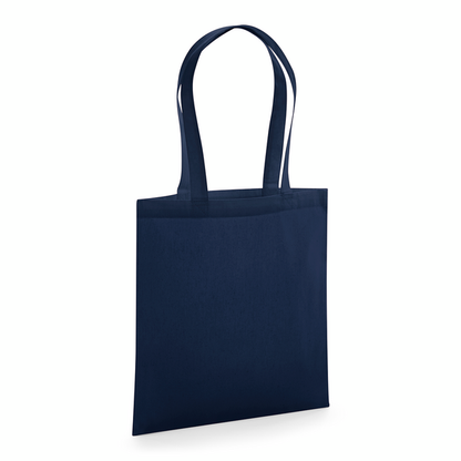 Marinblå GOTS-certifierad ekologisk premium tygkasse med långa handtag och eget logotyptryck, 200 g/m², 38 × 42 cm