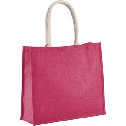 Fuchsia Pink jute beach bag with custom print, 42 × 35 cm, 330 g/m², cotton handles
