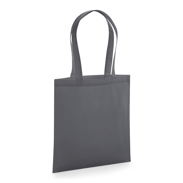 Graphitgrauer GOTS-zertifizierter Bio-Jutebeutel aus Premium-Baumwolle mit langen Henkeln und individuellem Logodruck, 200 g/m², 38 × 42 cm