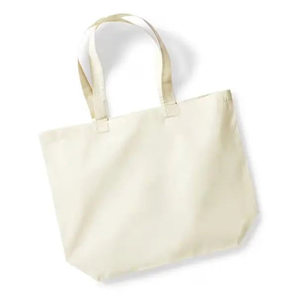Large gusseted cotton tote bag, 35 × 39 × 13.5 cm, 140 g/m² cotton – detail view of side gusset and reinforced base with custom logo print