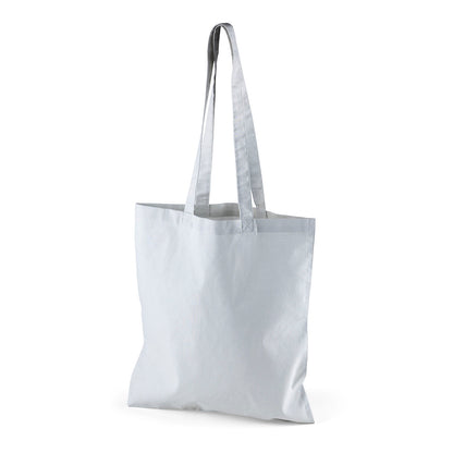 Light gray cotton tote bag with logo print, 140 g/m², 38 × 42 cm