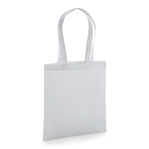 Hellgrauer GOTS-zertifizierter Bio-Jutebeutel aus Premium-Baumwolle mit langen Henkeln und individuellem Logodruck, 200 g/m², 38 × 42 cm