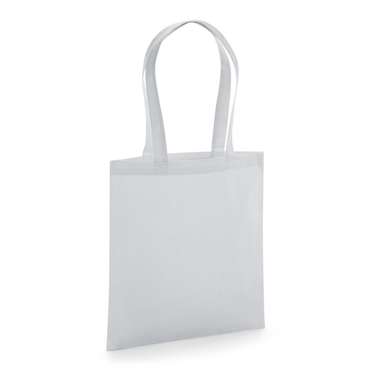 Bolsa de tela de algodón orgánico premium gris claro certificada GOTS con asas largas y logotipo estampado personalizado, 200 g/m², 38 × 42 cm