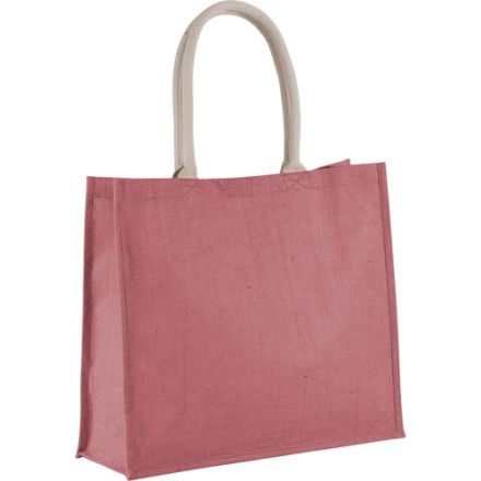 Light Marsala Pink jute beach bag with custom print, 42 × 35 cm, 330 g/m², cotton handles