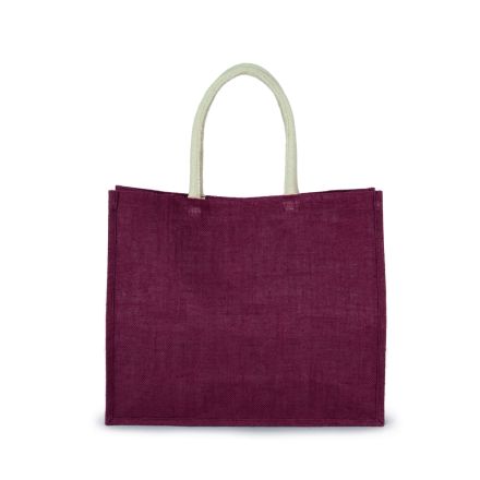 Light Rosewood Burgundy jute beach bag with custom print, 42 × 35 cm, 330 g/m², cotton handles