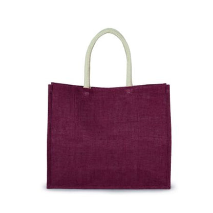 Light Rosewood Burgundy jute beach bag with custom print, 42 × 35 cm, 330 g/m², cotton handles