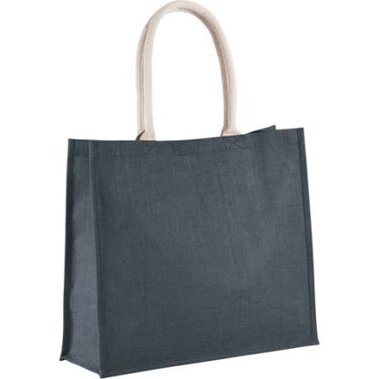 Midnight Blue jute beach bag with custom print, 42 × 35 cm, 330 g/m², cotton handles