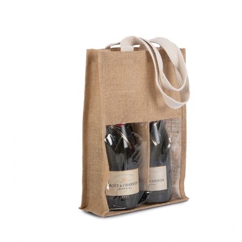 Natural - Gold Jute Wine Bag for two bottles with Logo Print 330 gm2 with white handles