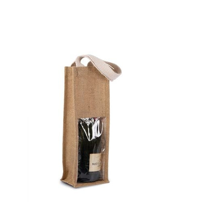 Natural/Gold Jute Bottle Bag with Logo Print (330 g/m², 12×10×36 cm)