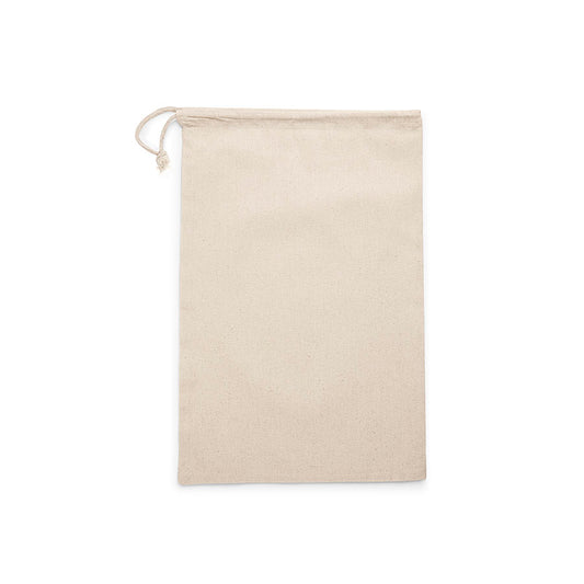 Detalle de bolsa de algodón con cordón y cierre de cuerda en un lado, 140 g/m²