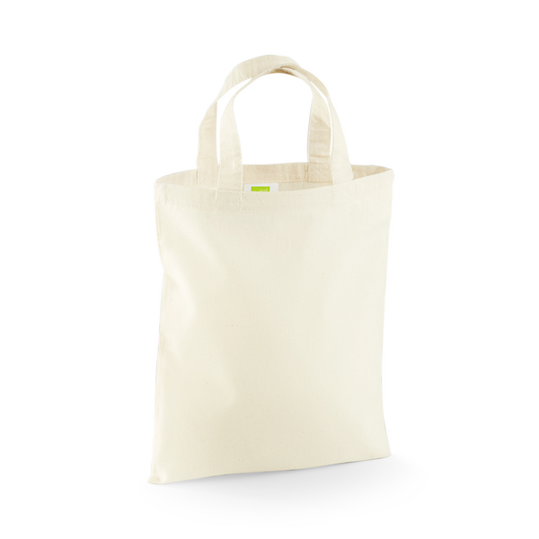 Natural mini cotton tote bag with custom logo print, 140 g/m², 26 × 32.5 cm