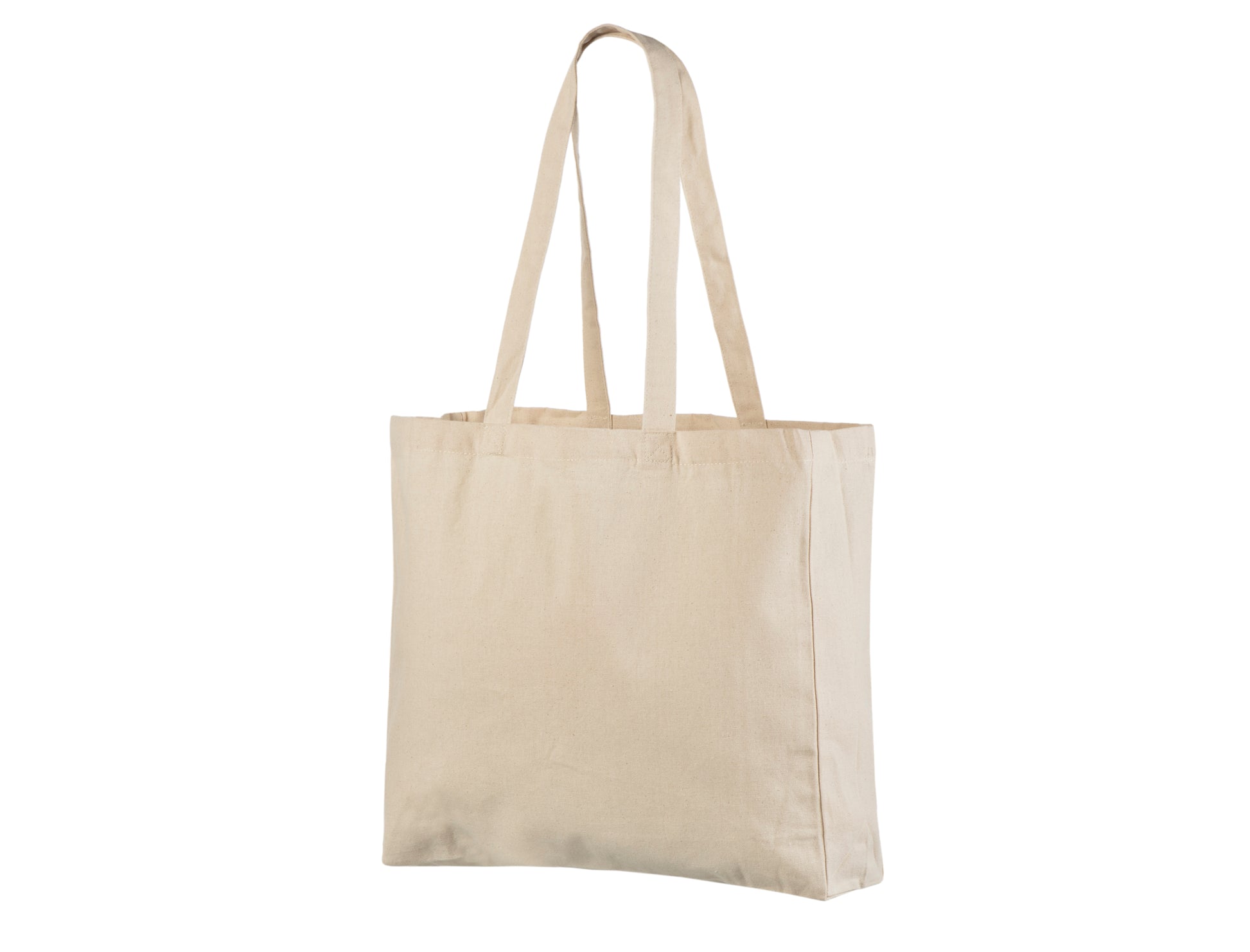 Naturfarvet horisontal mulepose i bomuld med logotryk (220 g/m², 38×42 cm, bund- og sidekile)