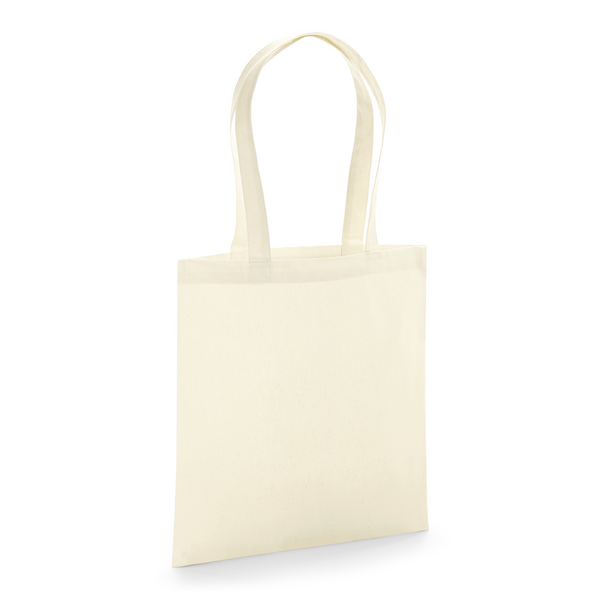 Bolsa de tela de algodón orgánico premium natural certificada GOTS con asas largas y logotipo estampado personalizado, 200 g/m², 38 × 42 cm