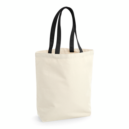 Natural Fairtrade Cotton Camden Shopper with black handles, 407 g/m² cotton canvas, 28 × 38 × 12 cm, for custom logo print