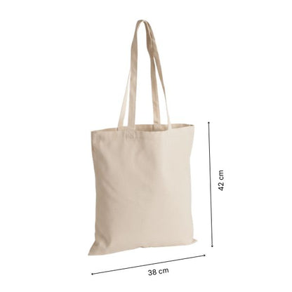 Shopper in cotone premium bianco naturale con stampa personalizzata, 38 × 42 cm, con indicazioni di altezza e larghezza
