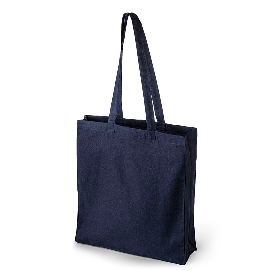 Navy blue cotton tote bag with side and bottom gussets, 220 g/m², custom print - front view