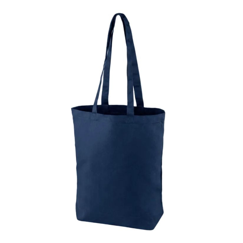 Marineblå mulepose i bomuld med eget tryk (220 g/m², 38×42 cm, bundkile)