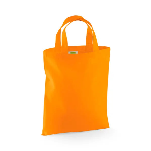 Orange mini cotton tote bag with short handles and custom logo print, 140 g/m², 26 × 32.5 cm