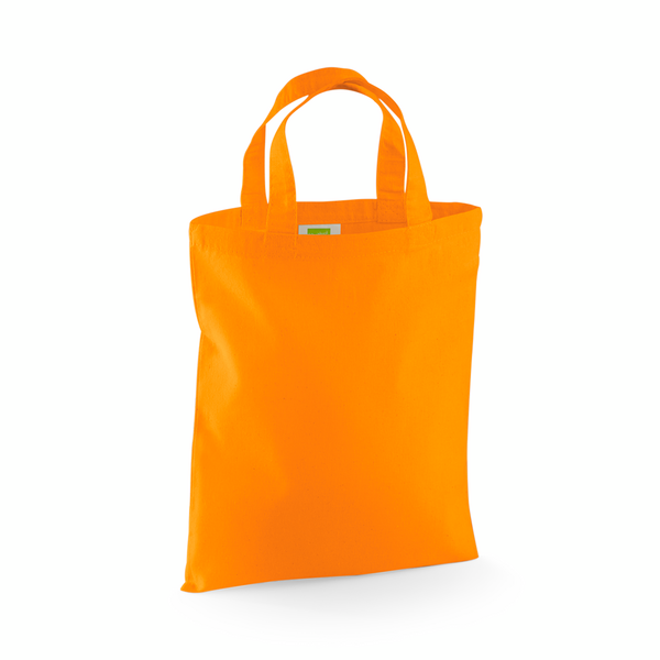 Orange mini cotton tote bag with custom logo print, 140 g/m², 26 × 32.5 cm