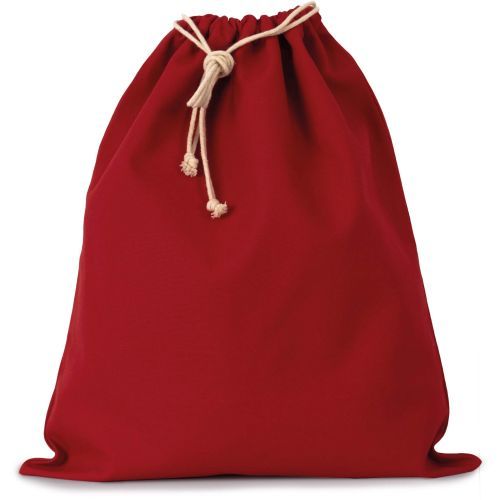 Cherry Red cotton drawcord pouch with drawstring closure and custom print, 220 g/m², S size, 13 × 15 cm