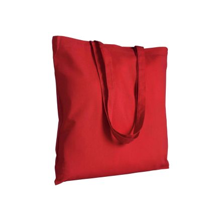Red cotton tote bag with long handles and custom logo print, 200 g/m², 38 × 42 cm