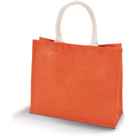 Saffron Orange jute beach bag with custom print, 42 × 35 cm, 330 g/m², cotton handles