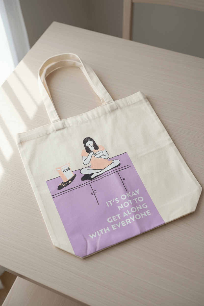 Kinokuniya Baumwolltasche mit dem Text „It’s Ok Not To Get Along With Everyone“