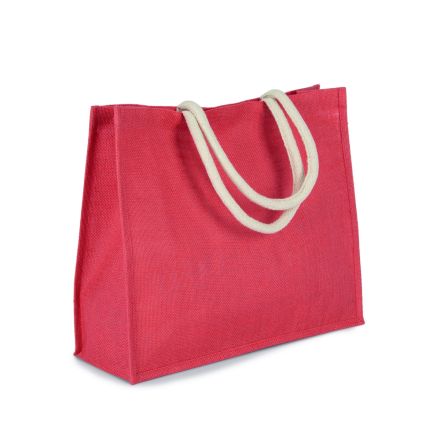 True Coral Red jute beach bag with custom print, 42 × 35 cm, 330 g/m², cotton handles