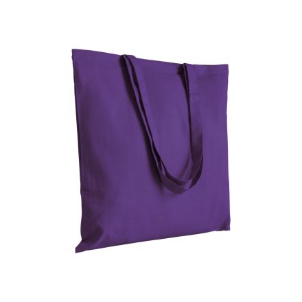 Violet cotton tote bag with long handles and custom logo print, 200 g/m², 38 × 42 cm