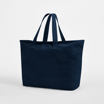 Laivastonsininen oversized kangaskassi kestävää 475 g/m² puuvillacanvasta, 47 × 40 × 17 cm, valmiina omalla painatuksella