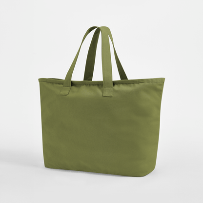 Kirkkaan oliivinvihreä, ylisuuri ja tukeva kangaskassi 475 g/m² puuvillacanvasta, 47 × 40 × 17 cm, valmis omalla logopainatuksella