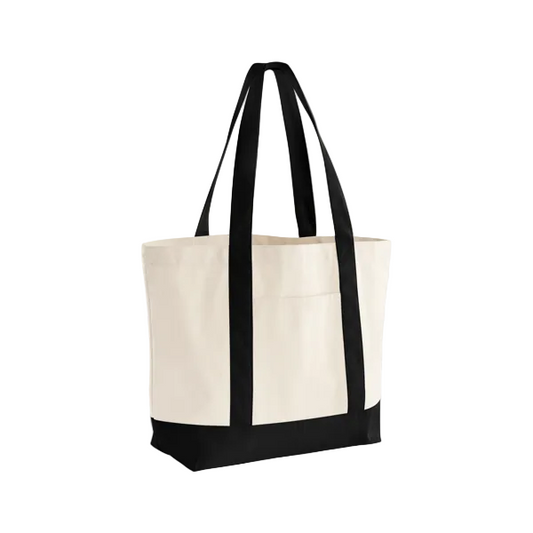 Borsa in tela di cotone biologico varsity Naturale/Nero con stampa personalizzata