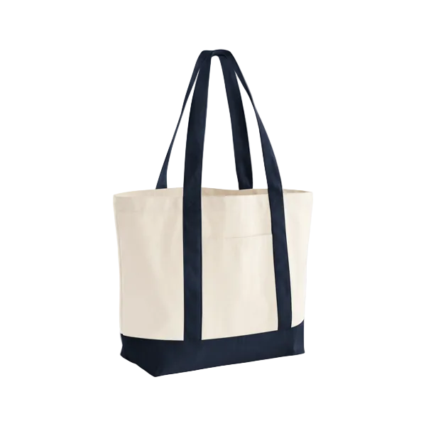 Natural/French Navy organic canvas varsity shopper with custom print