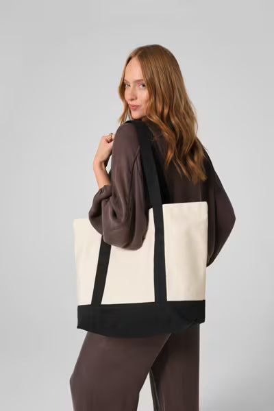 Natural/Black - Organic Canvas Varsity Shopper with Logo Print (407 g/m², 37×36×16 cm)