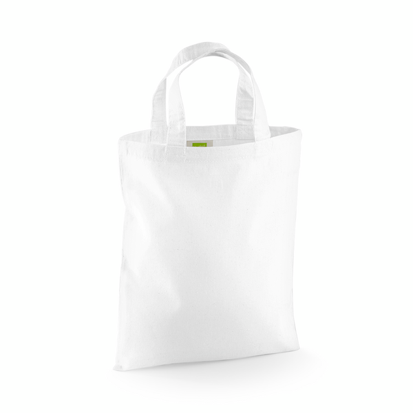 White mini cotton tote bag with custom logo print, 140 g/m², 26 × 32.5 cm