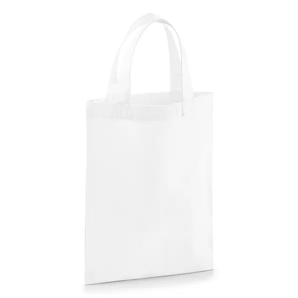 White tiny cotton bag with short handles and custom logo print, 140 g/m², 19 × 25 cm