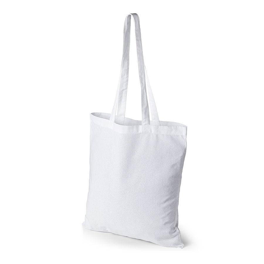 White cotton tote bag with logo print, 140 g/m², 38 × 42 cm