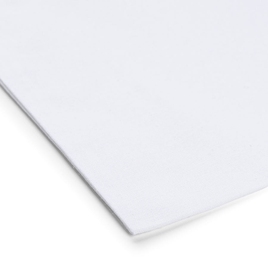 Close-up detail of white cotton tote bag with logo print, 140 g/m²
