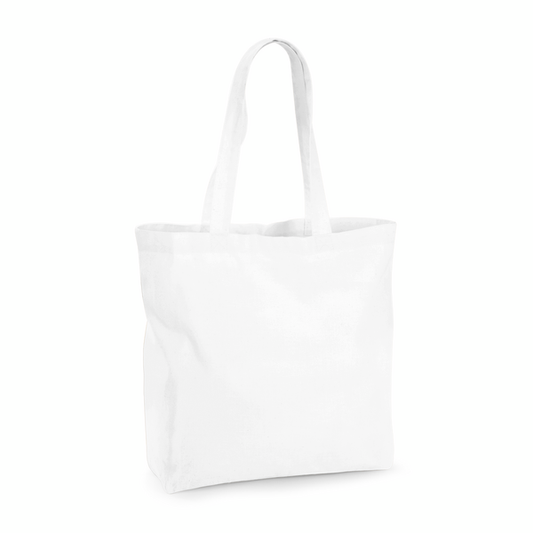 Valkoinen maxi-kangaskassi luomupuuvillasta, kiilalla, 35 x 39 cm, 200 g/m², omalle painatukselle
